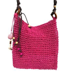 Pink Boho Crochet Raffia Crossbody Beaded Wood Strap Zipper 47in Shell Charm Bag